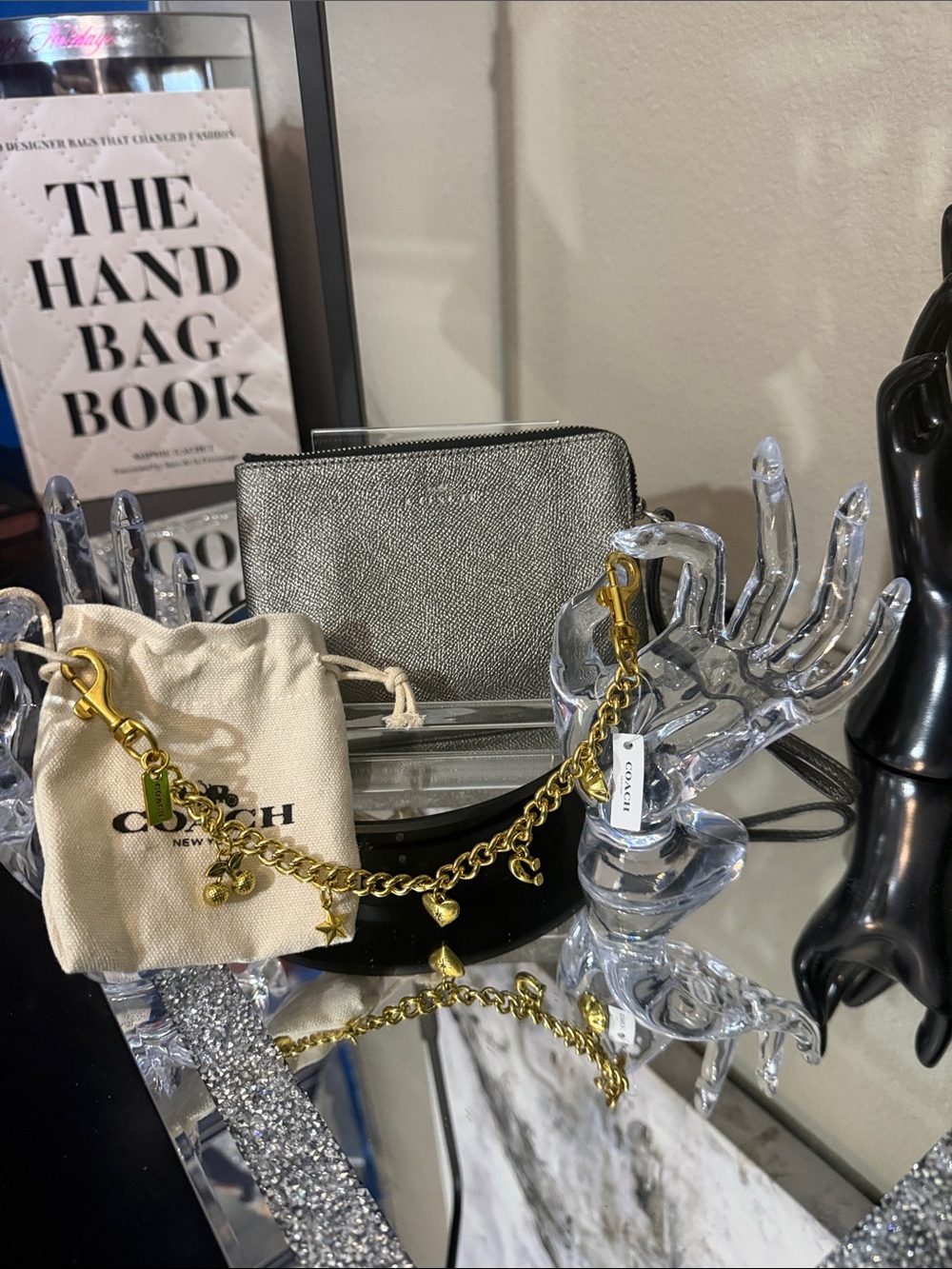 Coach Silver Metallic Wristlet with Gold Charm Chain